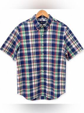 Ralph Lauren XL Blue Plaid Button Down Shirt Short Sleeve 100% Cotton Classic